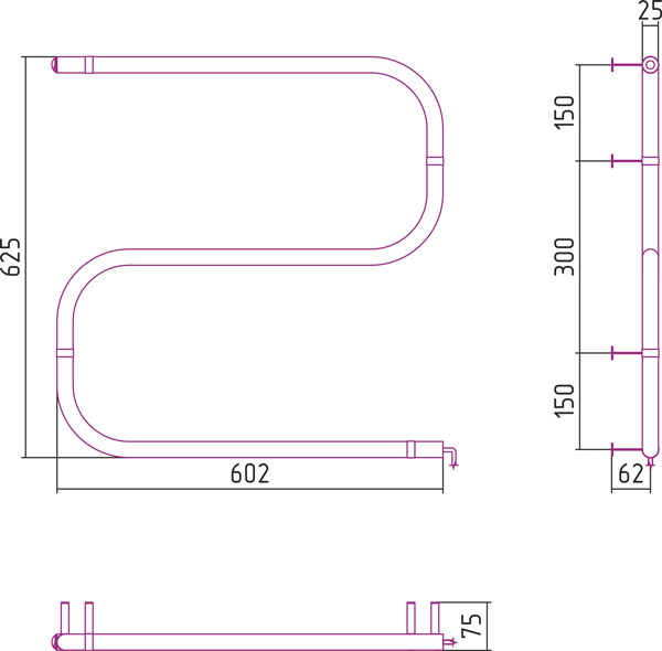 Полотенцесушитель электрический Стилье ЭПС S-образный 600x600 (53 Вт)